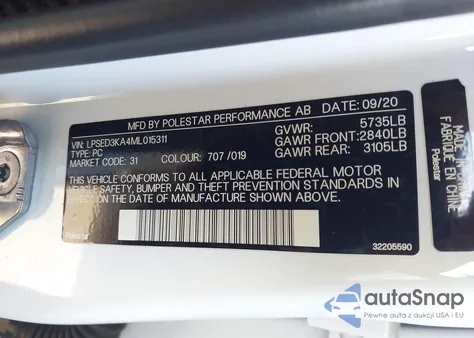 2021 Polestar 2 Launch Edition z USA, uszkodzony, nr VIN LPSED3KA4ML015311